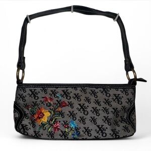 XOXO New York Floral Embroidered Black and Gray Baguette Bag